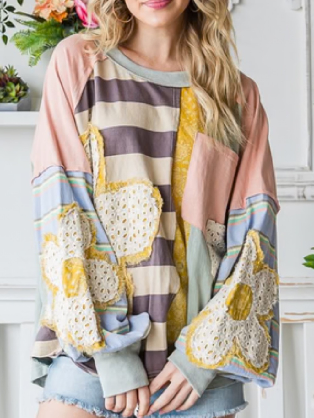 Oli & Hali Daisy Patched Mixed Fabric Top